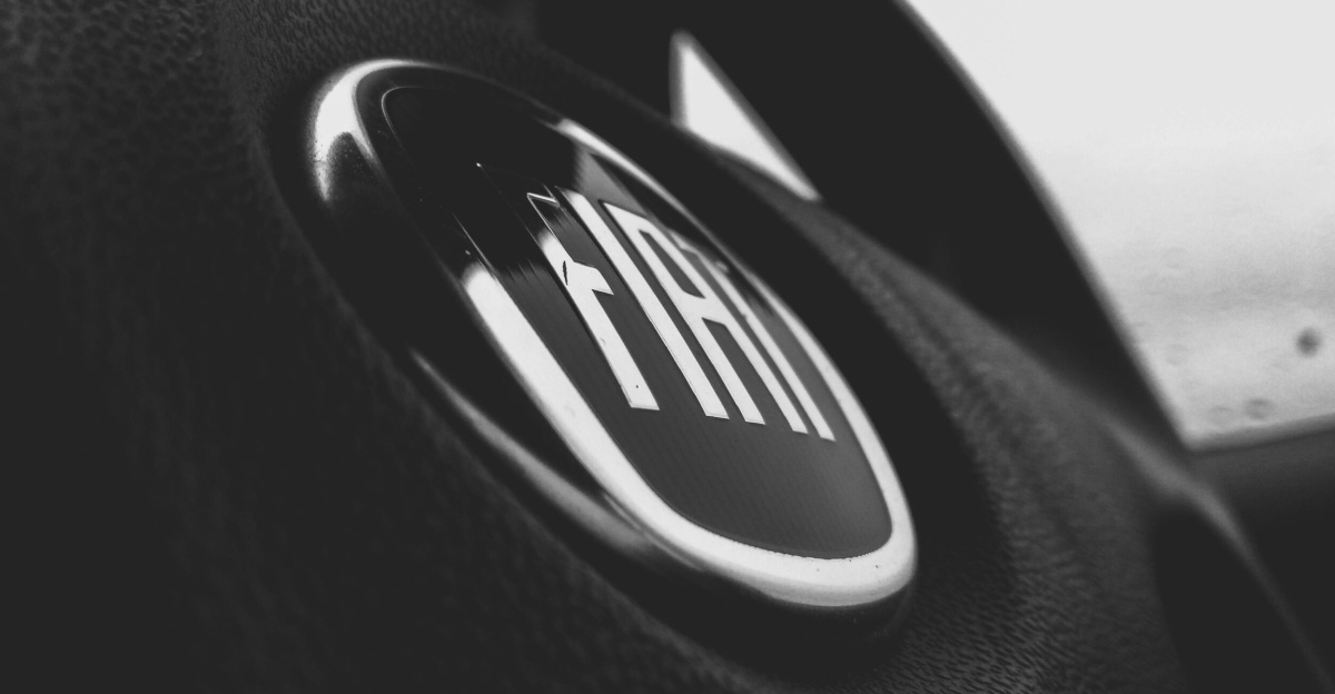 Detailed black and white image of a Fiat car emblem on a steering wheel interior.