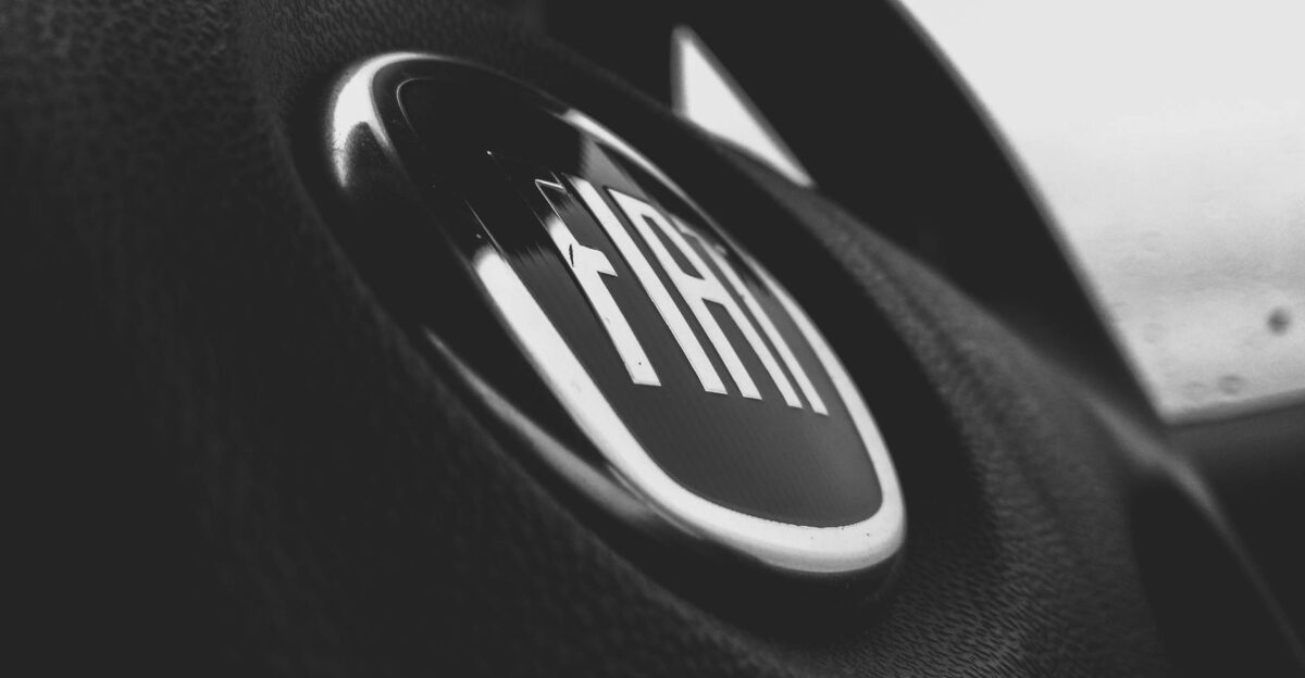 Detailed black and white image of a Fiat car emblem on a steering wheel interior