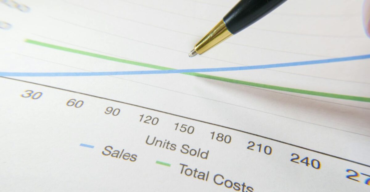 A pen pointing to a financial graph showing sales and total costs
