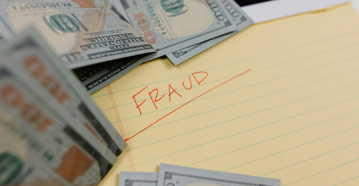 Close-up of US dollars and 'Fraud' written on yellow paper, representing financial scams.