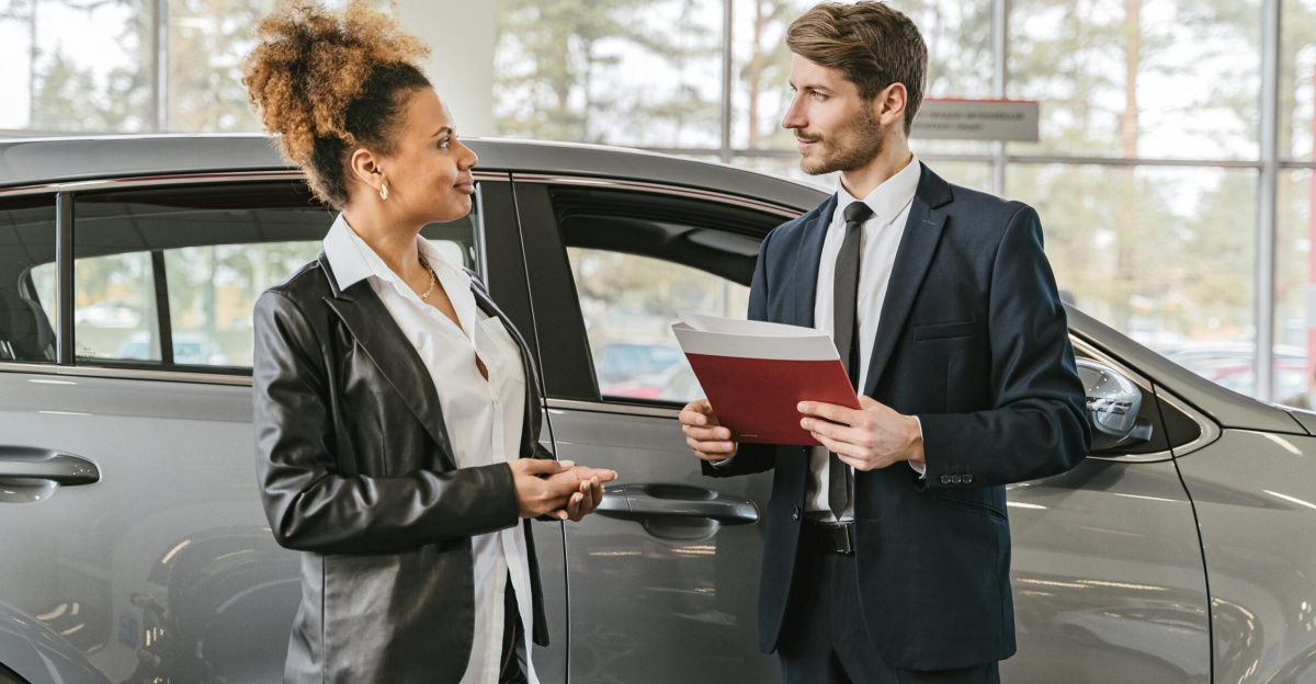 A woman discussing car purchase with a dealer inside a car dealership showroom.