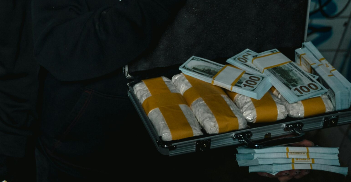 Dark urban scene depicting exchange of cash and drugs, highlighting crime.