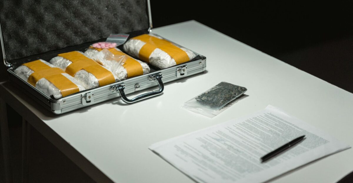 Briefcase with packages and documents on a table suggesting illegal activity or crime scene investigation