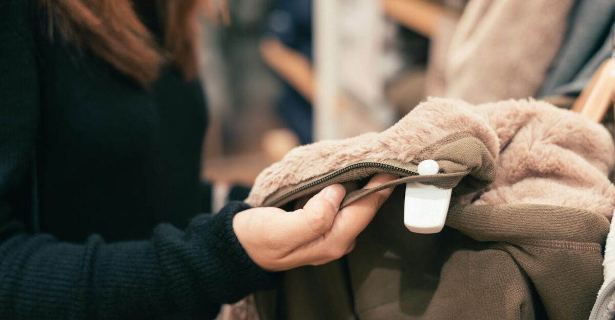 Close-up of a woman examining a coat in a clothing store focused on texture and design