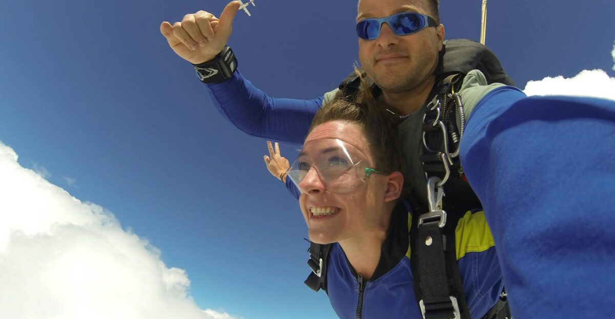 Tandem skydivers enjoying an exhilarating freefall through clear blue skies