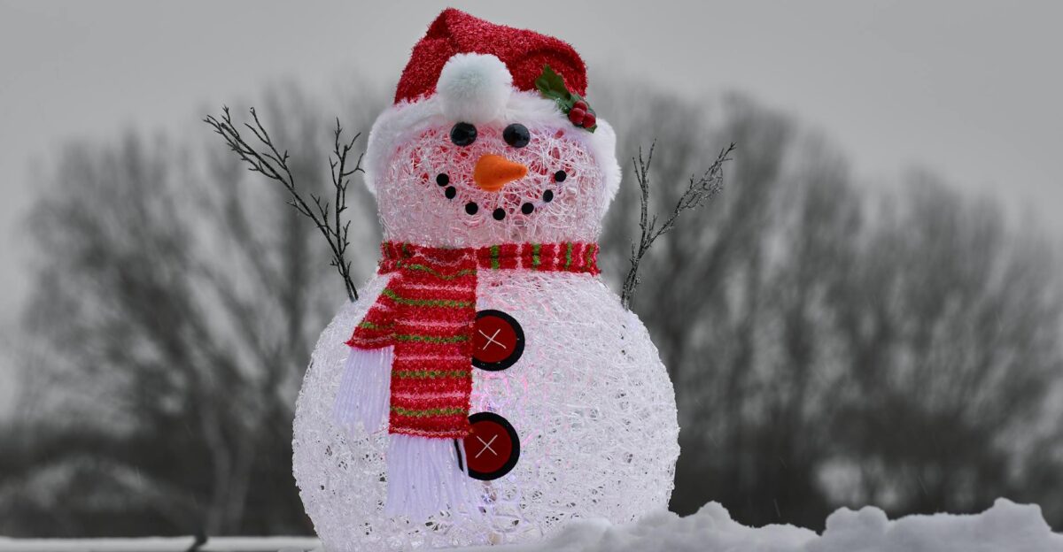 Glistening snowman with scarf and hat in a snowy winter scene