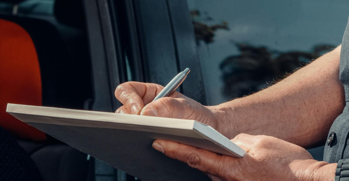 Close-up of a police officer writing a ticket by a car window. Law enforcement scene.