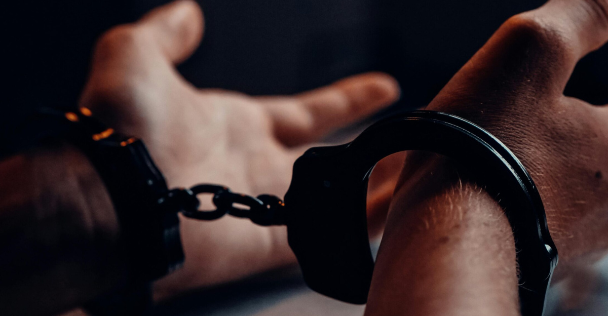 A close-up of human hands handcuffed on a table with a dark background, depicting law enforcement themes.