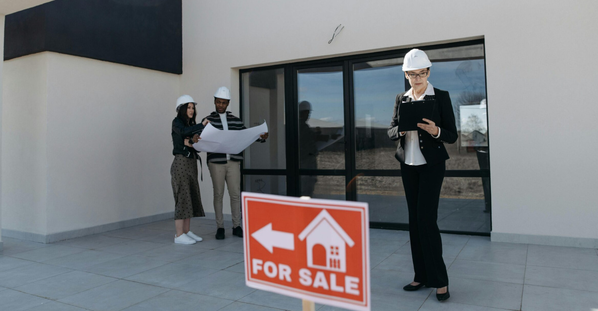 Real estate agents in hard hats reviewing plans beside a house for sale.
