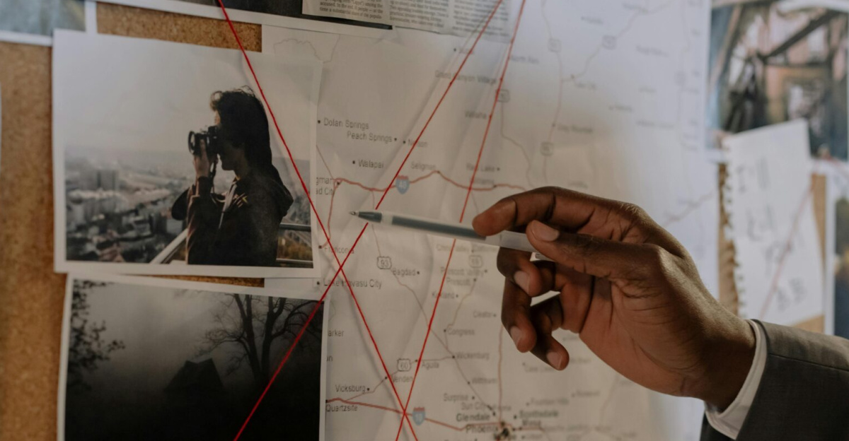 Detective examines a corkboard with maps and photos to solve a mystery.