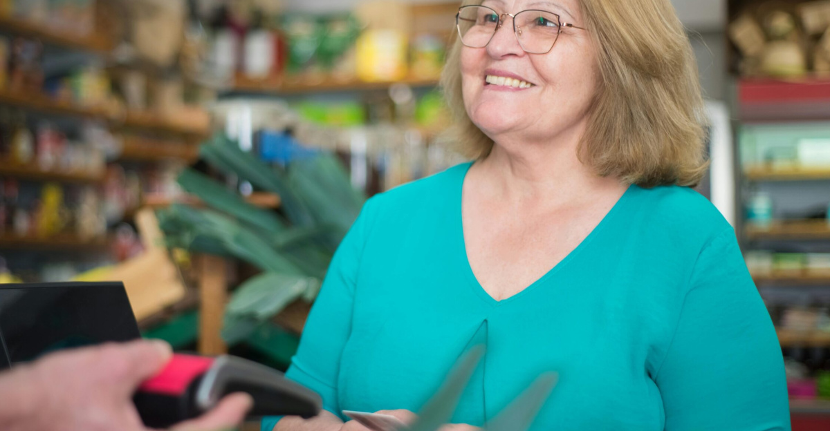 A happy senior woman making a purchase at a local store in Portugal.