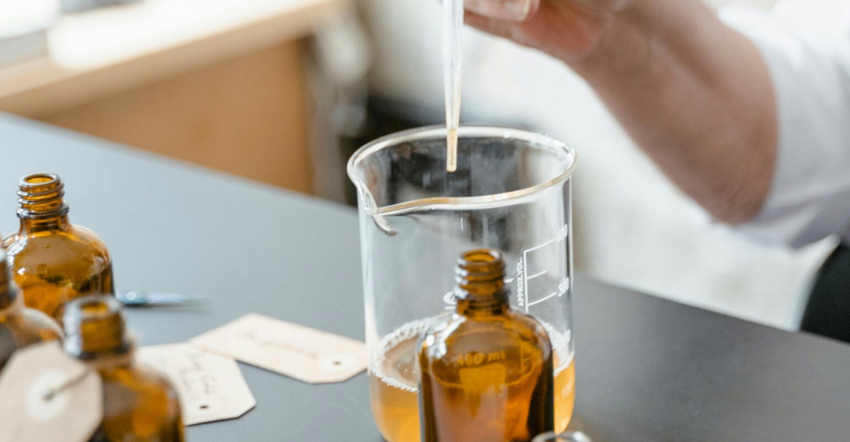 A person blends essential oils in glass bottles for aromatherapy indoors.