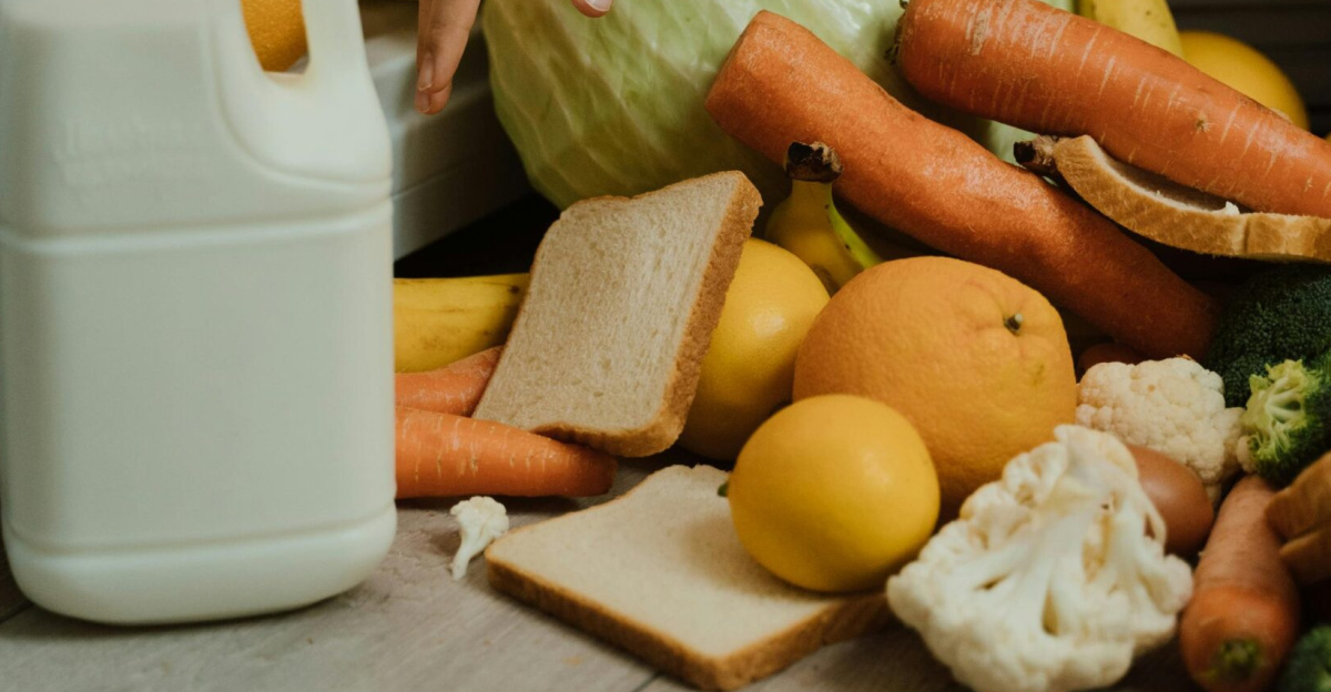 A person picks up fresh vegetables and bread from a refrigerator floor, highlighting kitchen mishap.