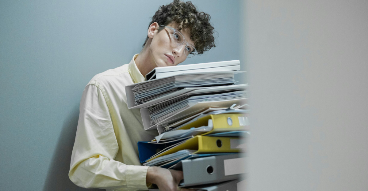 Young man overwhelmed with a stack of folders symbolizes workplace stress.