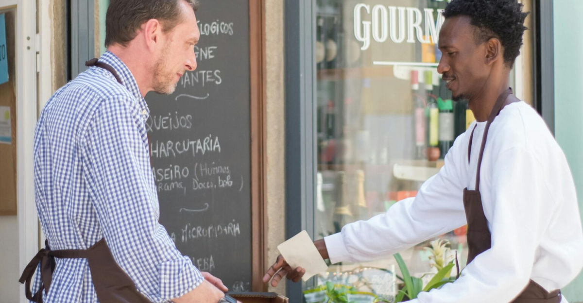 Two men arranging fruits and vegetables outside a store in Portugal.