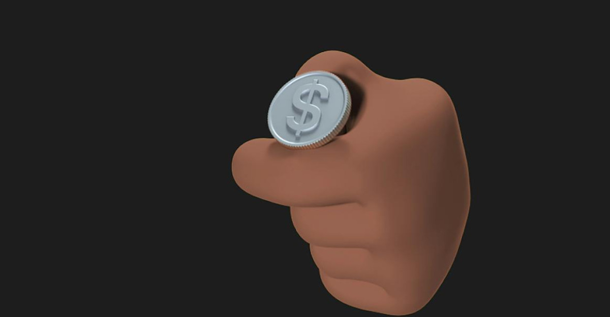 A 3D rendered hand tossing a coin with a dollar symbol set against a black background