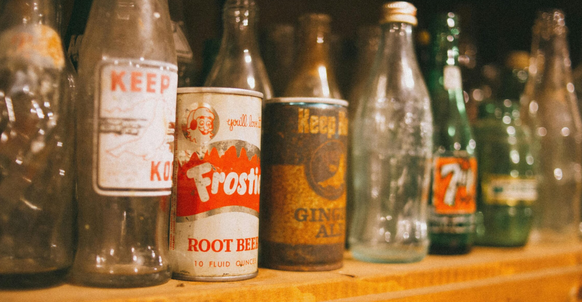 A nostalgic display of vintage soda bottles and cans on a wooden shelf.