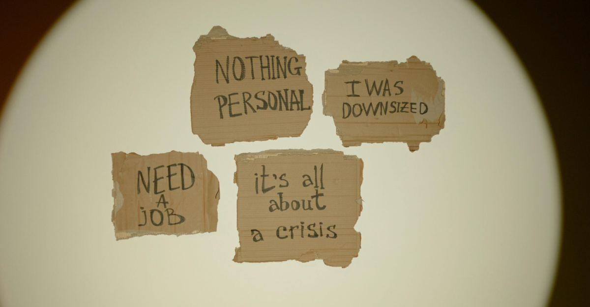 Cardboard signs convey job loss and economic crisis message, ideal for articles on unemployment.