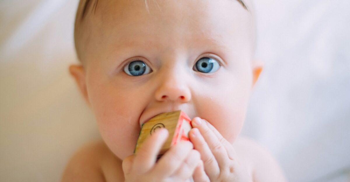 selective focus photography of baby holding wooden cube
