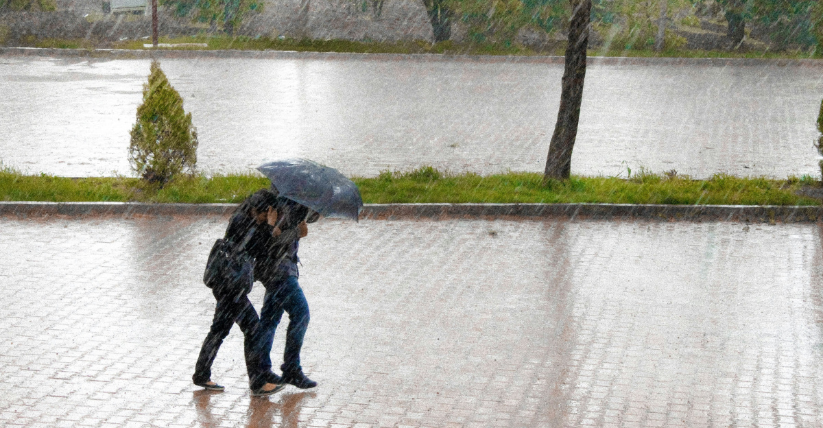 coupe walking in street while raining
