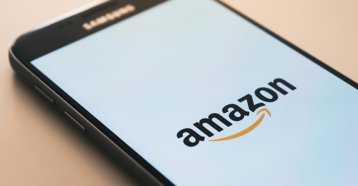 black Samsung Galaxy smartphone displaying Amazon logo