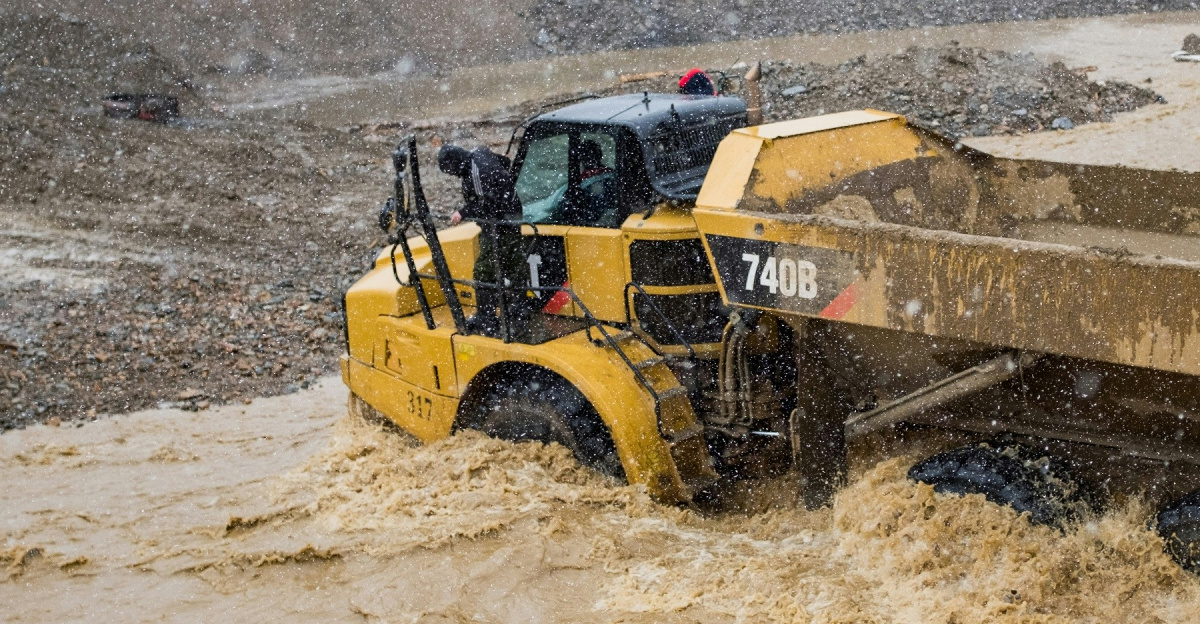 a yellow bulldozer driving through a muddy river