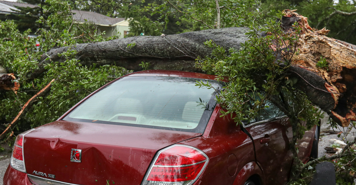 red car parked on gray concrete road