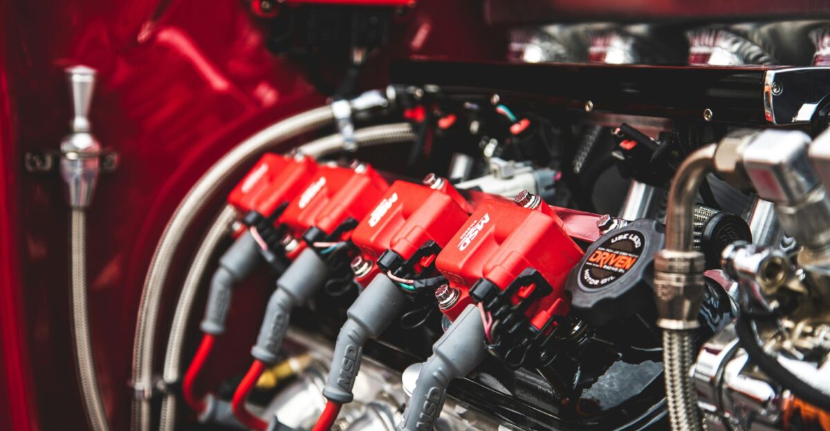 red and black car engine