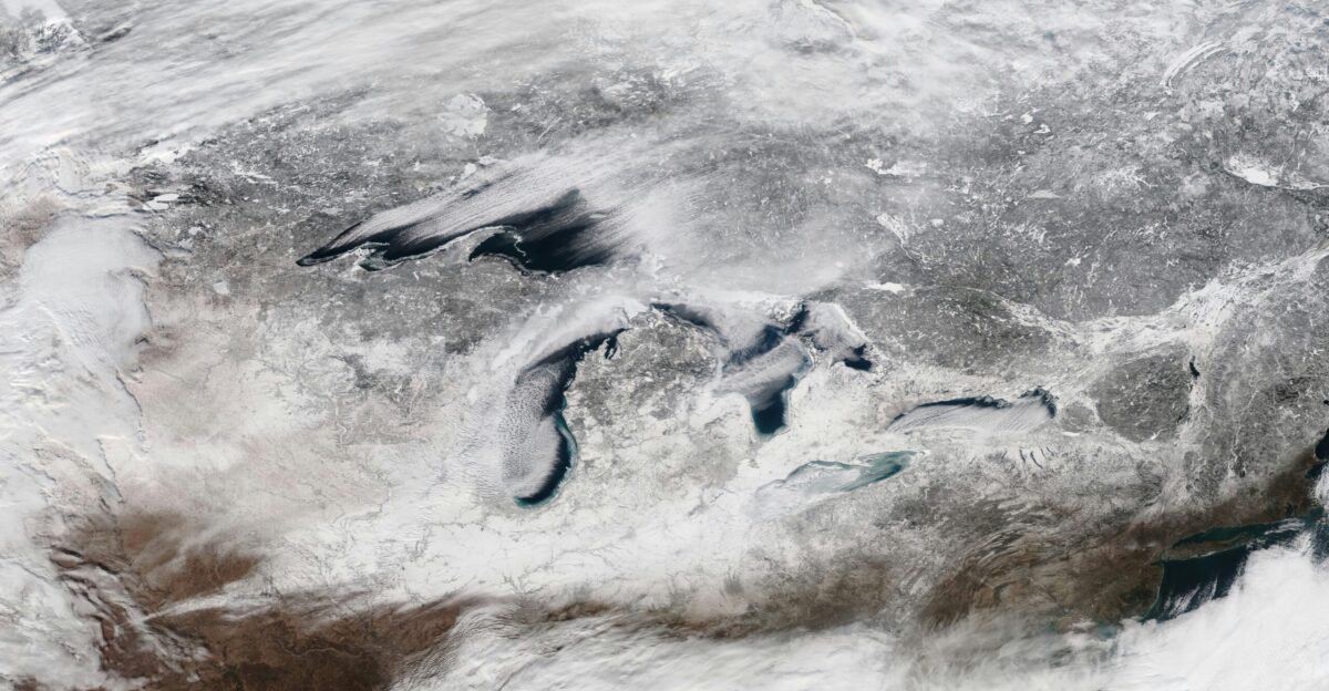 Aerial of the Great Lakes covered by snow