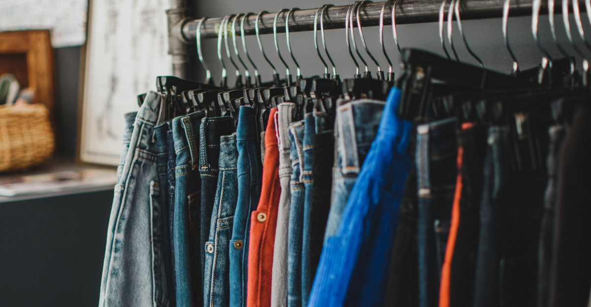 gray denim jeans on clothes hanger