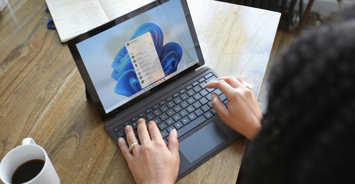 Overhead view of two people at a table working with a Microsoft laptop and notebook