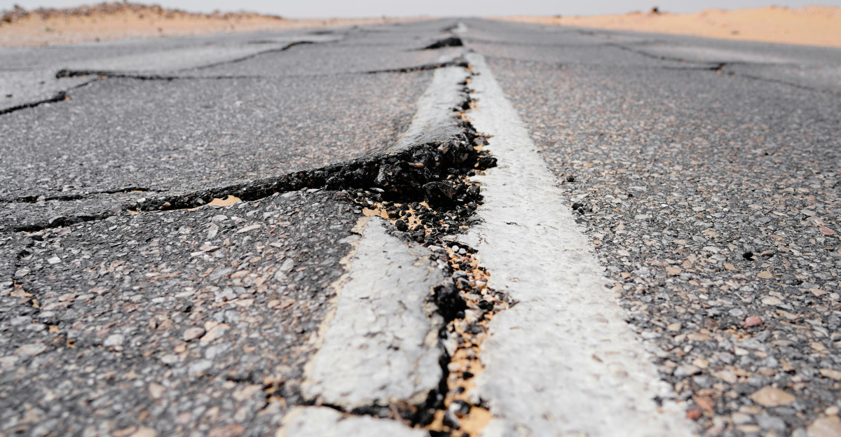 a crack in the middle of a road in the middle of nowhere