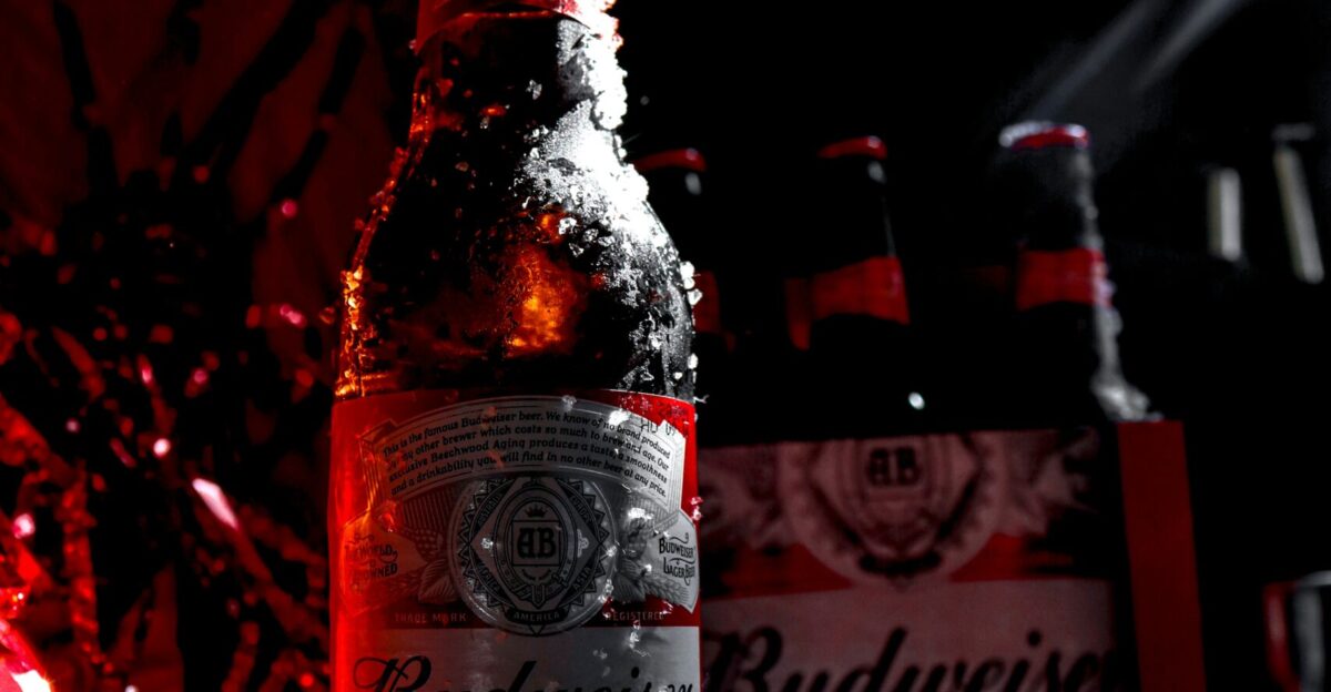 a bottle of beer sitting on top of a table covered in snow