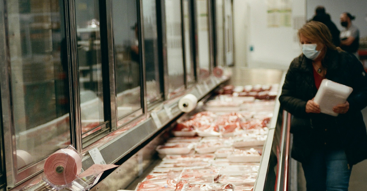 a line of meat in a grocery store