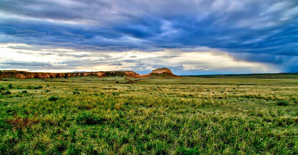 a wide open field with a mountain in the background
