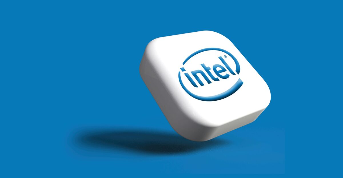 the intel logo is shown on a white cube