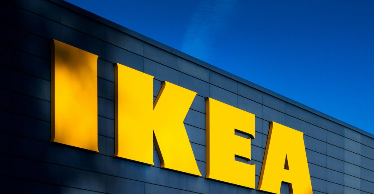 a yellow ikea sign on the side of a building