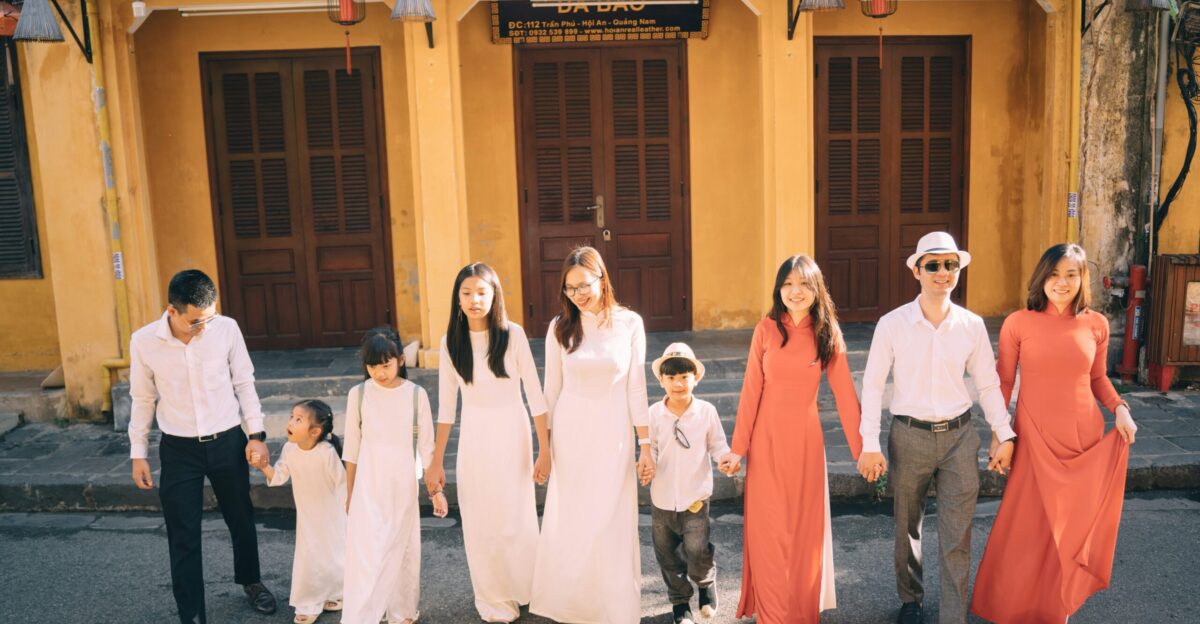 a group of people walking down a street