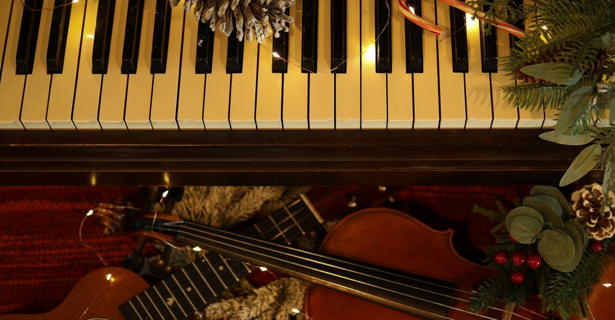 a violin and a pine cone sit on a piano