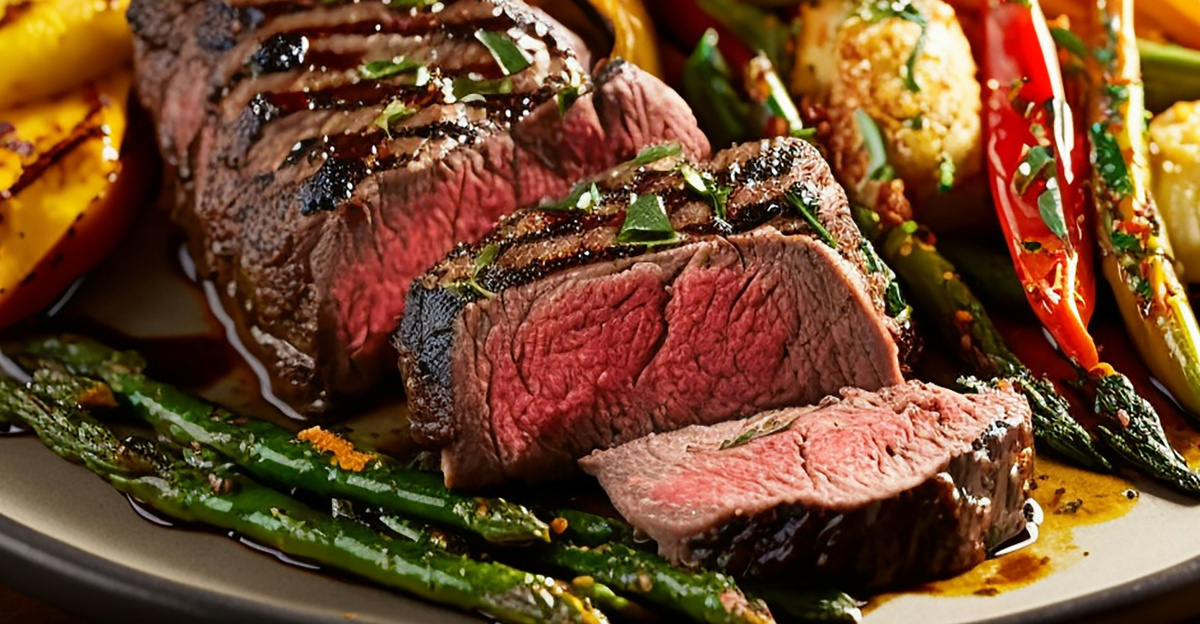 a plate of steak, potatoes, and asparagus with a glass of wine