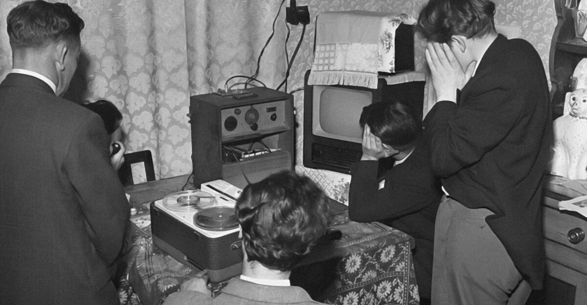 a black and white photo of people in a living room