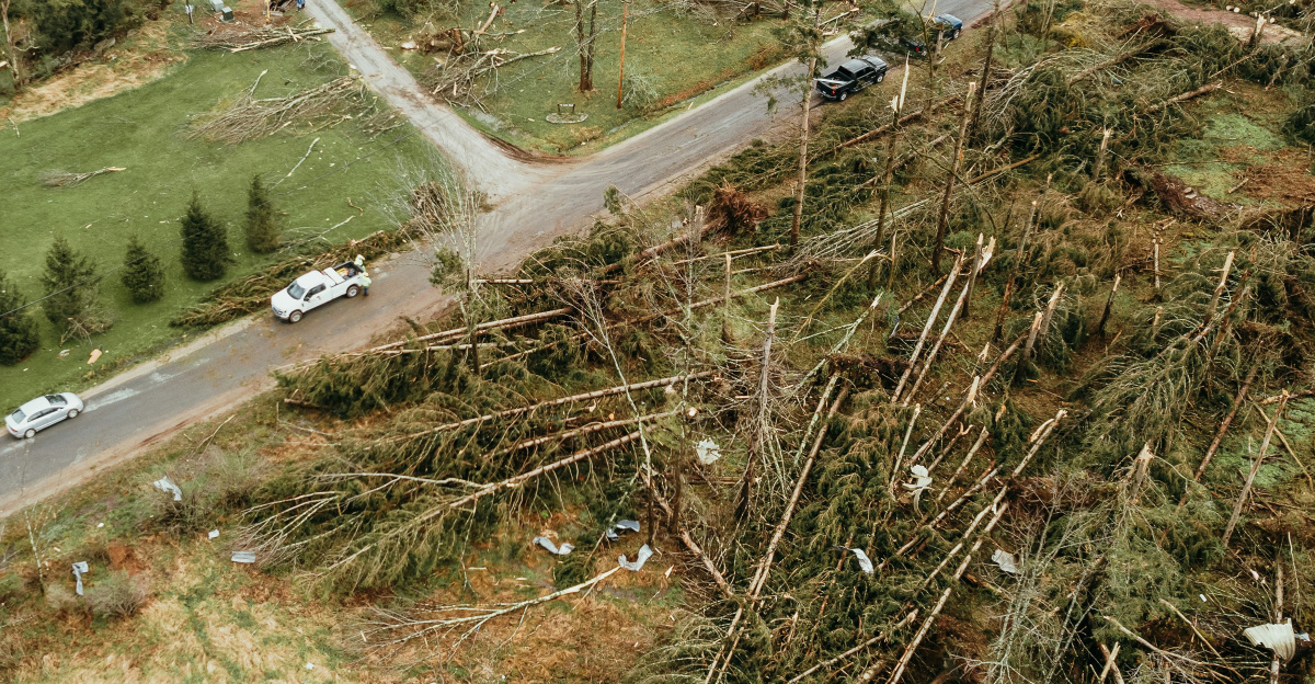 an aerial view of a neighborhood with a lot of trees