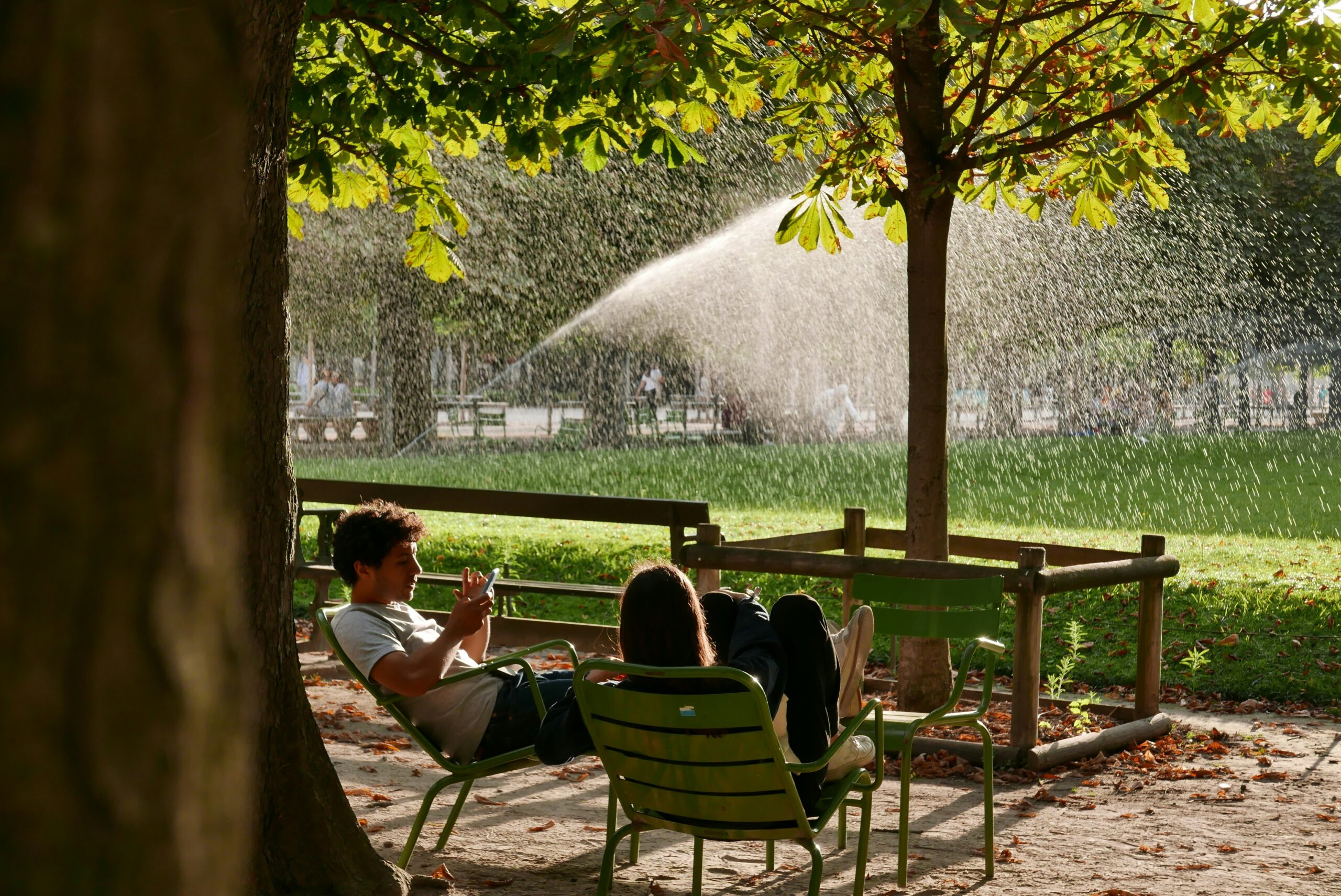 a man and a woman sitting on a bench under a tree