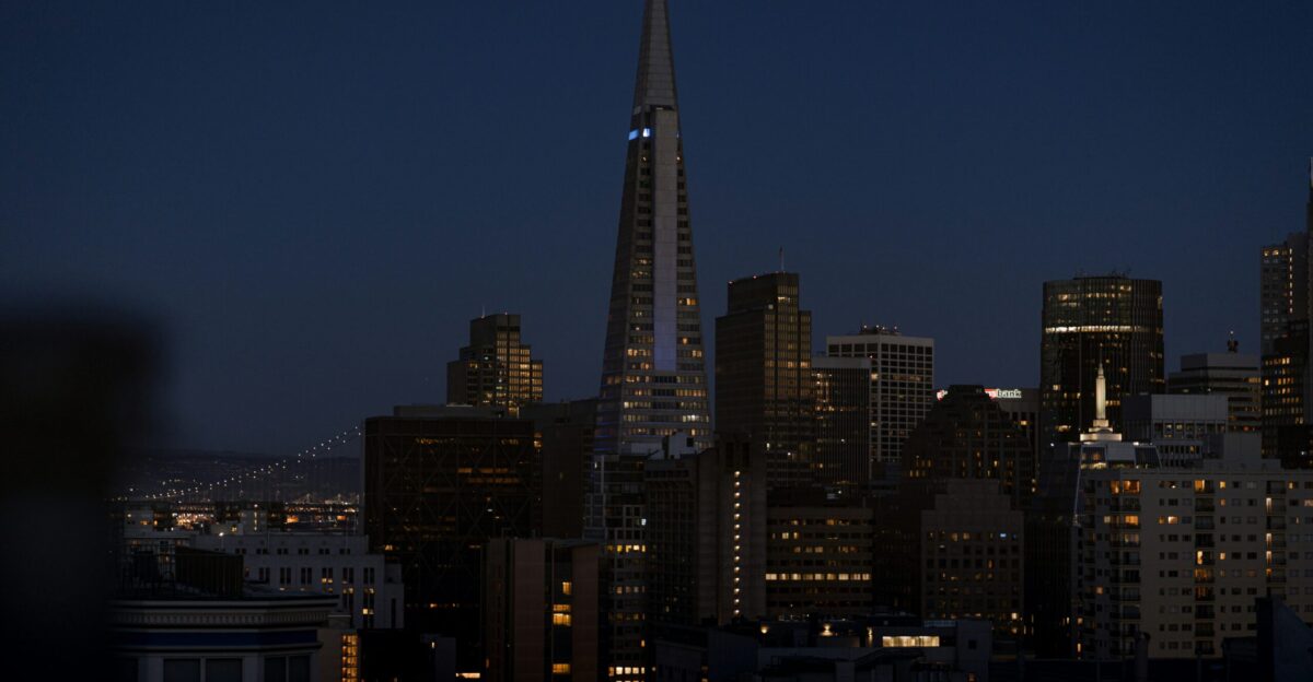 a view of a city skyline at night