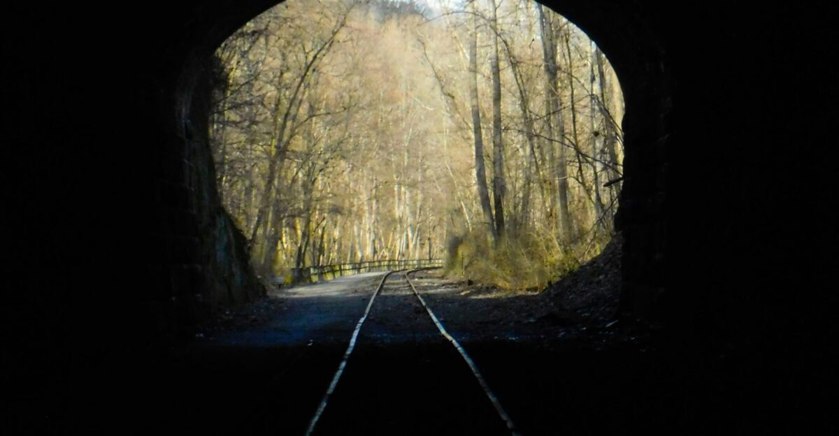 a dark tunnel with a train track going through it