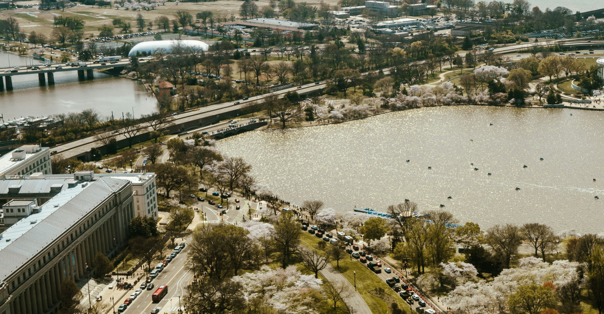 an aerial view of a large body of water