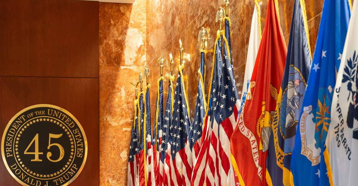 a room filled with flags and a plaque