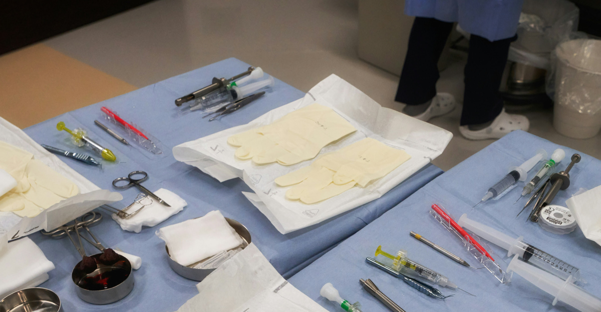 A blue table topped with lots of silverware