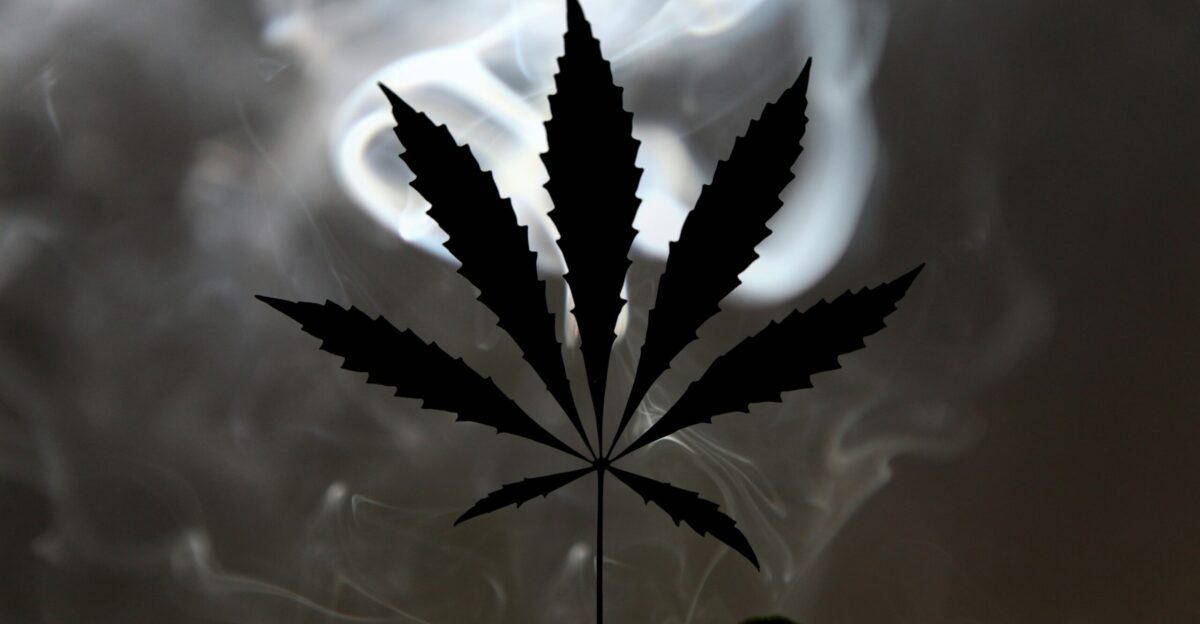 A marijuana leaf in front of a cloudy sky