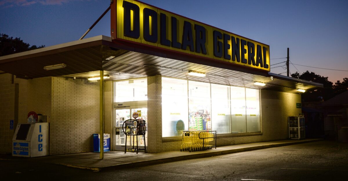 A dollar general store lit up at night
